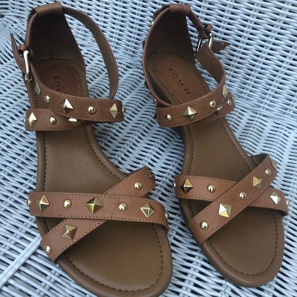Coach Shoes - Coach Studded Tan Sandal. Size 7. Gold accents.